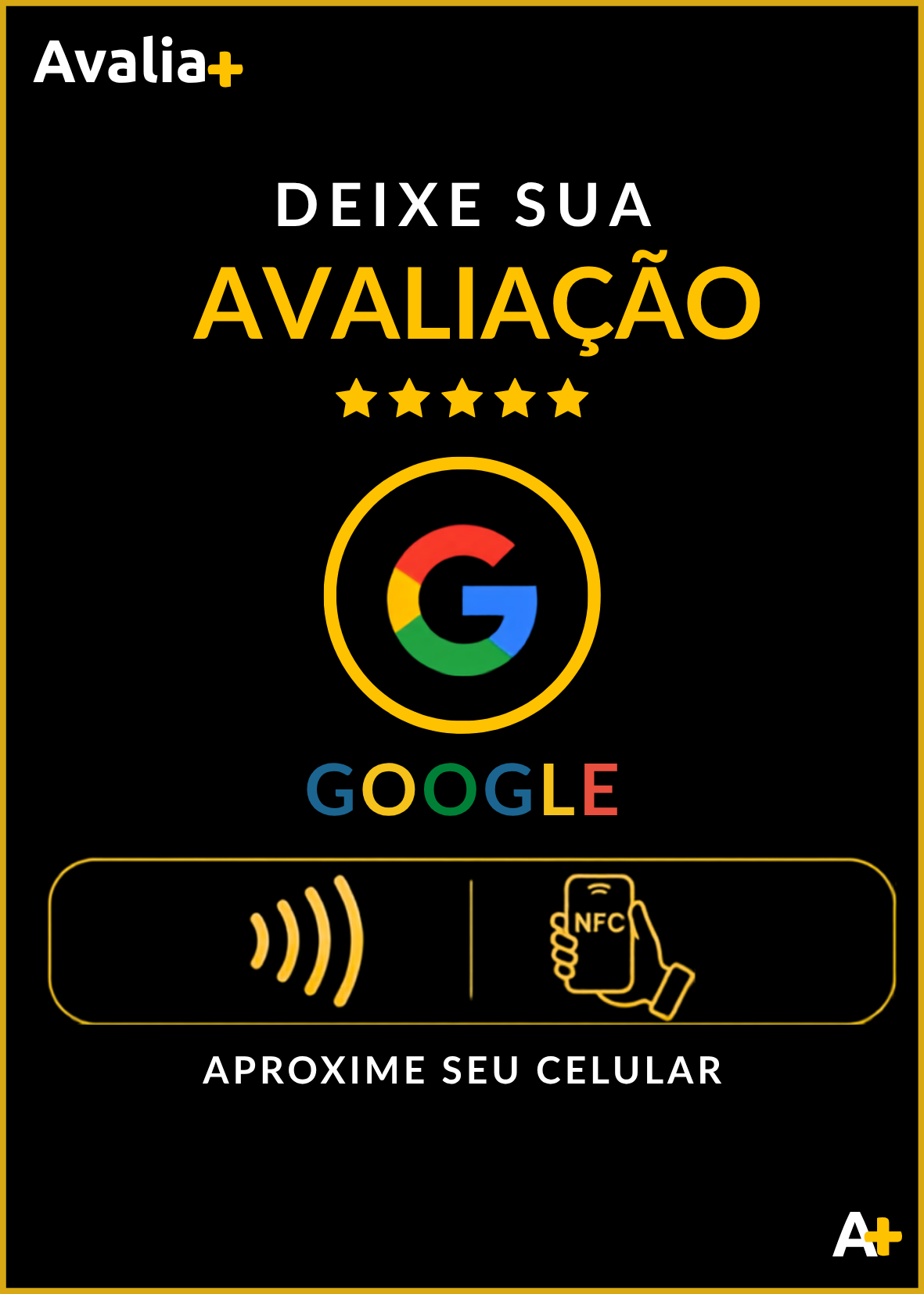 Cartão físico Avalia+, modelo completo, com estrelas e selo do Google